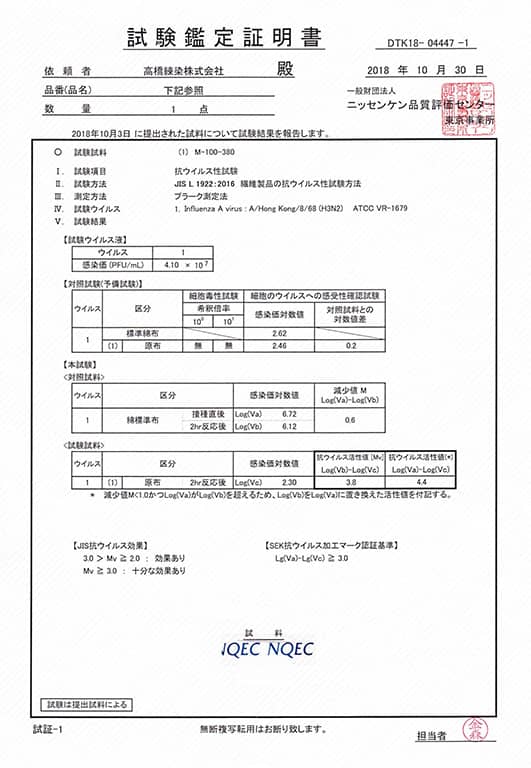 デオファクターのエビデンス抗ウイルス試験インフルエンザA