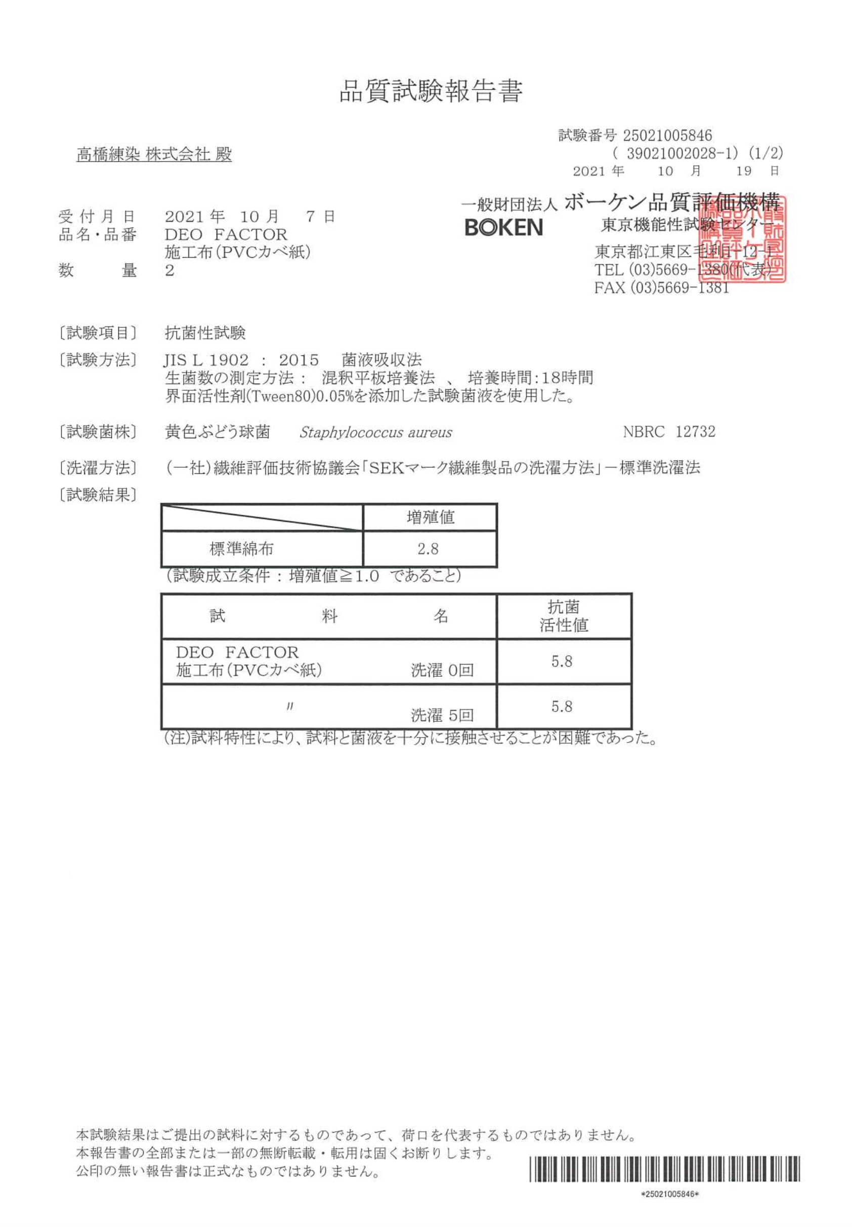 デオファクターのエビデンス加工布(PVCカベ紙)洗濯試験報告書